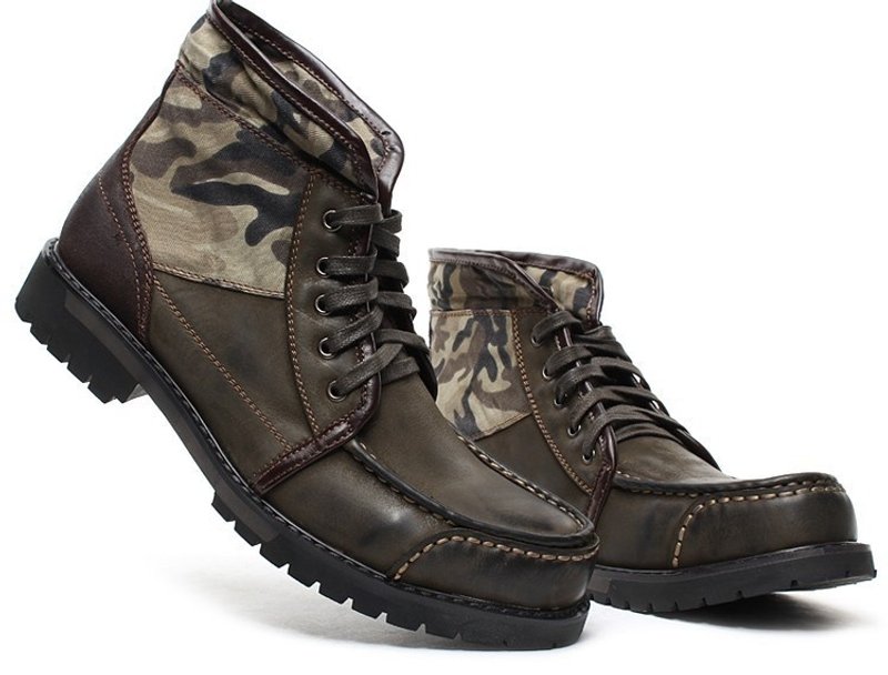 Hau Temple yield military-style camouflage style leather boots reflexed two uniformed army green - รองเท้าลำลองผู้ชาย - หนังแท้ สีเขียว