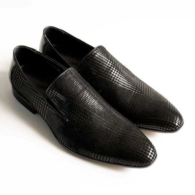 [LMdH] C1B23-99 lambskin leather stitching Prince of Wales plaid with handmade wooden black loafers ‧ ‧ Free Shipping - รองเท้าลำลองผู้ชาย - หนังแท้ สีดำ
