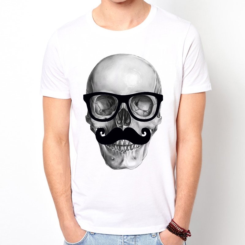Mr Skull Short Sleeve T-Shirt-White Mr. Skull Design Art Glasses Mustache - เสื้อยืดผู้ชาย - วัสดุอื่นๆ ขาว