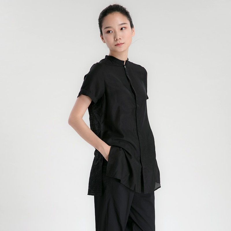 BUFU Yohji Yamamoto black short-sleeved silk shirt embroidered with black thread - Women's Shirts - Other Materials Black