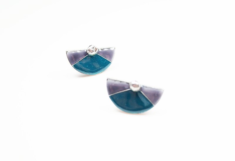 Handmade Enameling Earrings Silver beads Cloisonne retro fan-shaped earrings (Carolina households colors) - Earrings & Clip-ons - Other Metals Blue