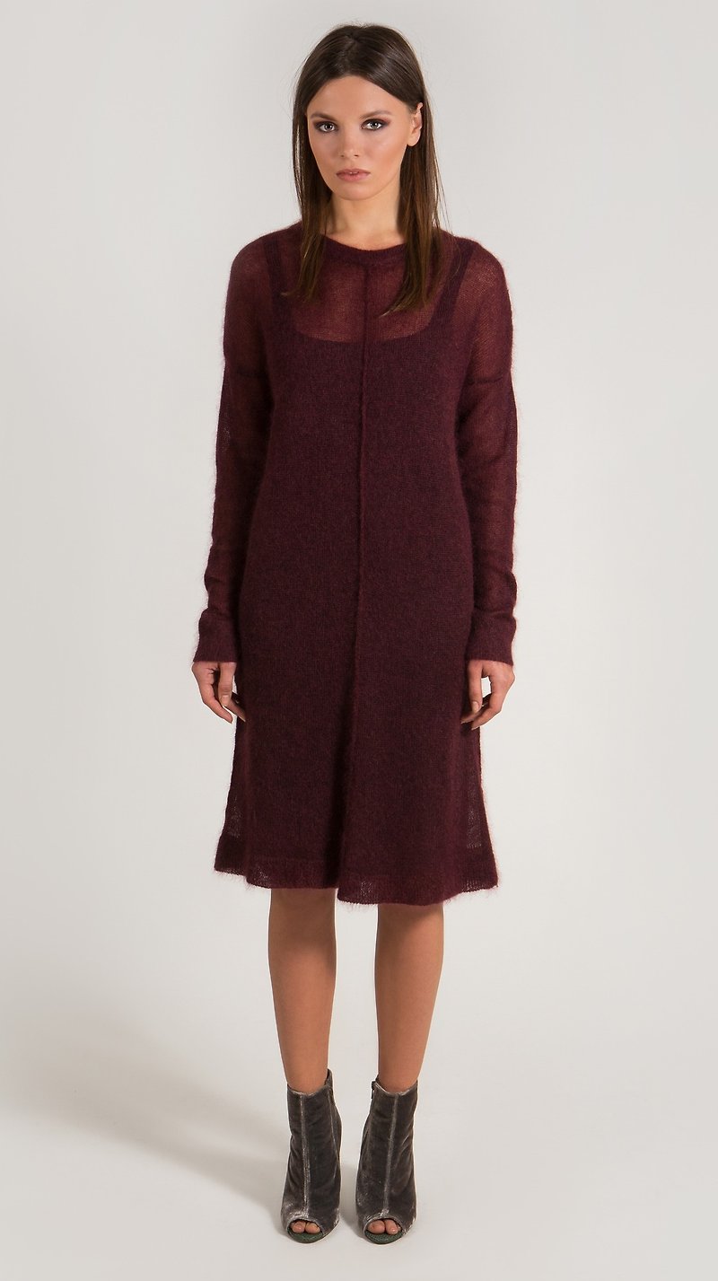 Burgundy kid mohair round neck shift dress MARIA - One Piece Dresses - Other Materials 