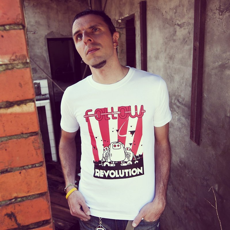 [Buy one get one free] Revolution Haomaji Robot T-shirt White Male/Female - เสื้อยืดผู้ชาย - ผ้าฝ้าย/ผ้าลินิน ขาว