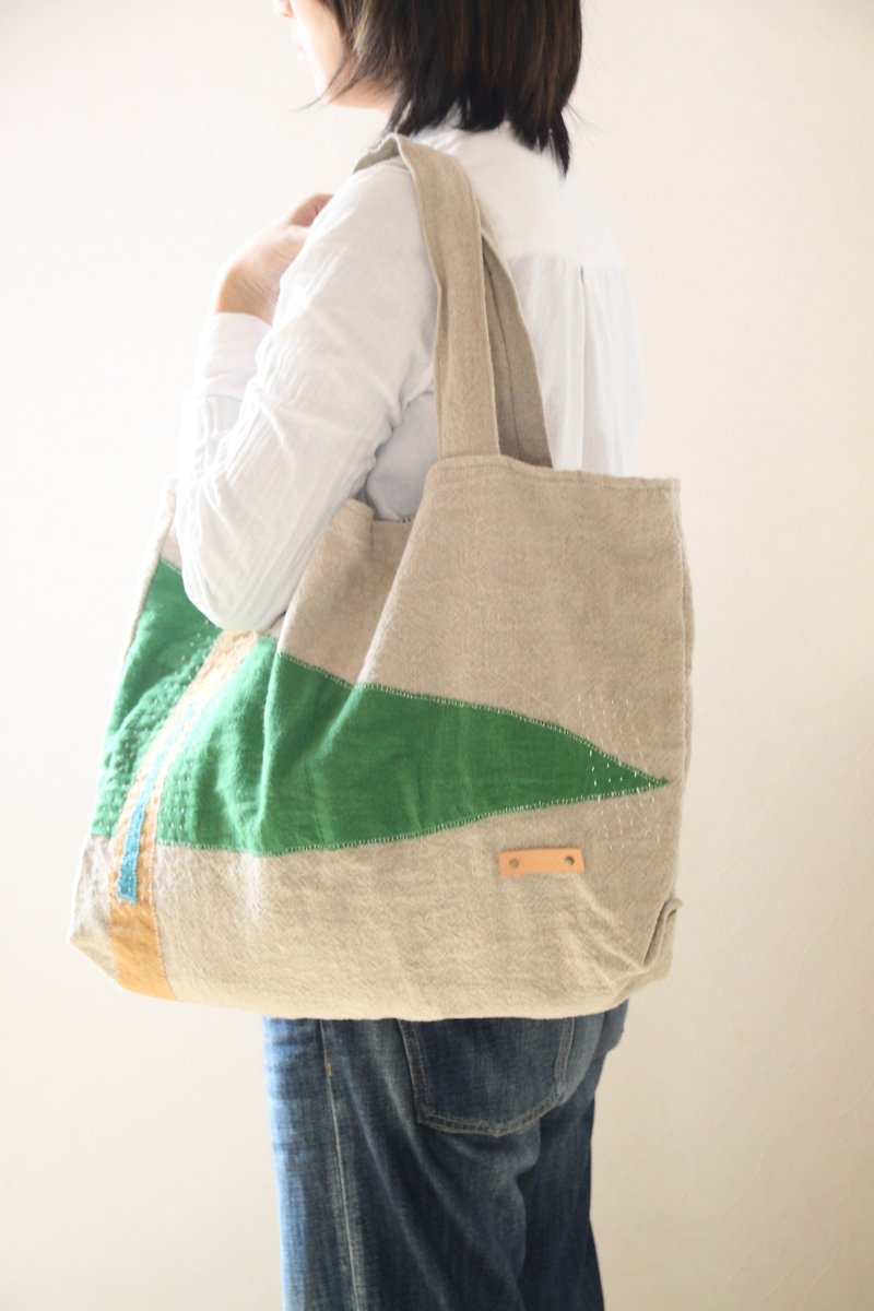 Linen collage of large tote bag linen Green - Messenger Bags & Sling Bags - Other Materials Green
