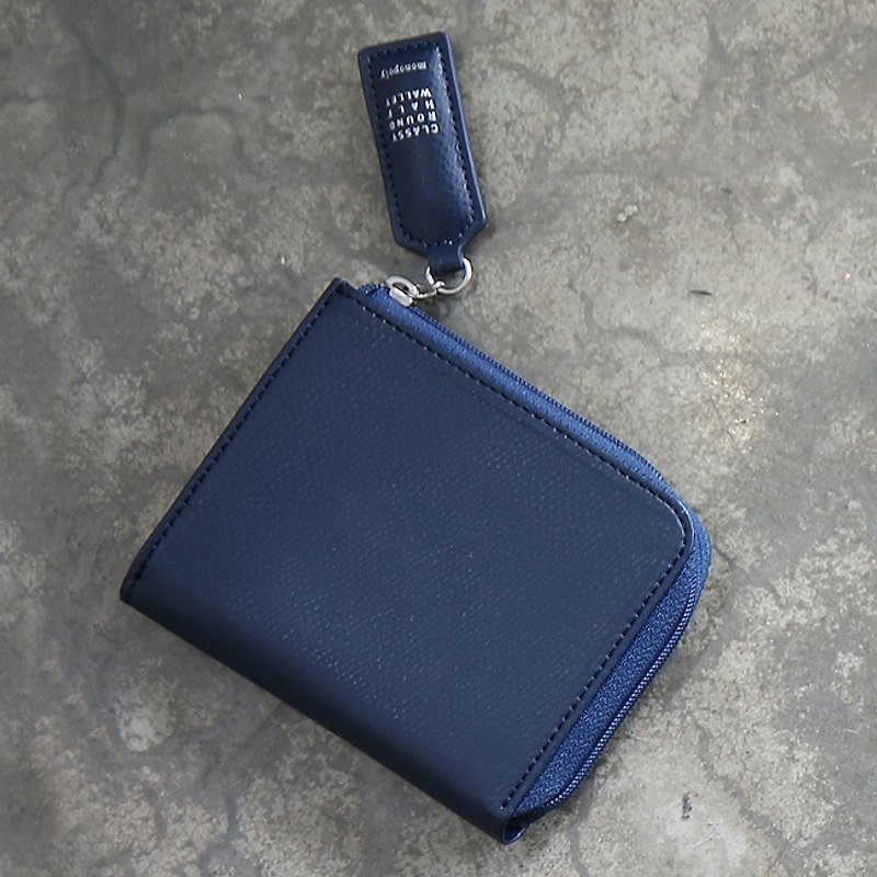 หนังแท้ กระเป๋าสตางค์ สีน้ำเงิน - Dessin x monopoly- classic short wallet leather zip tag - universe blue, MPL23812