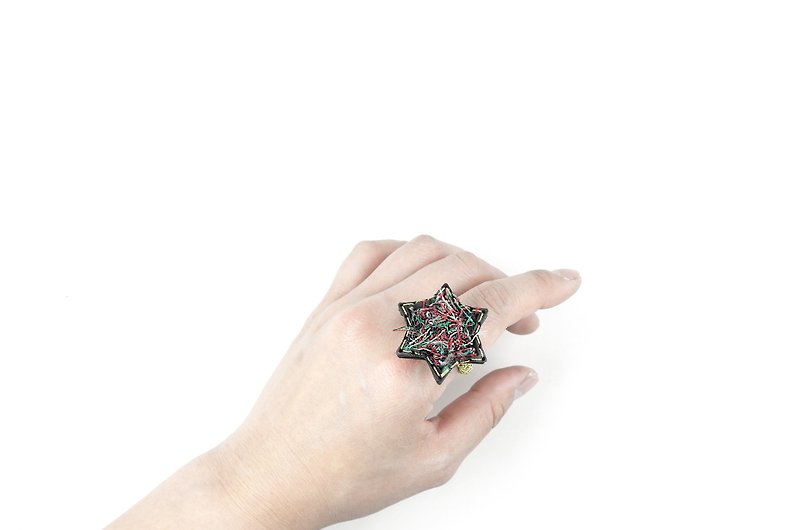 SUE BI DO WA-Handmade leather and hand-woven star ring (mixed red)-Leather mix with yarn Star Ring - General Rings - Genuine Leather Red