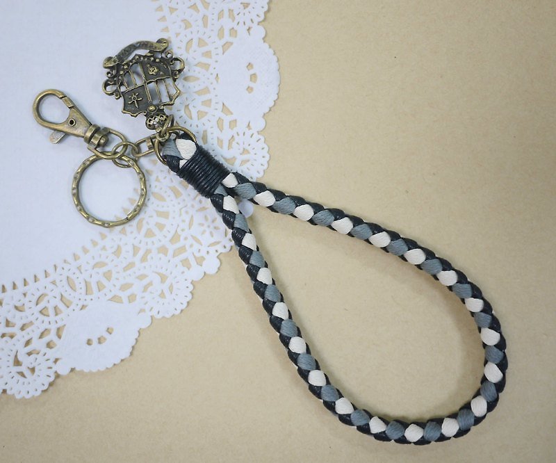 ~米+熊~ Vintage woven key ring Wax thread woven key ring (four strands: black and gray) - Other - Cotton & Hemp Black