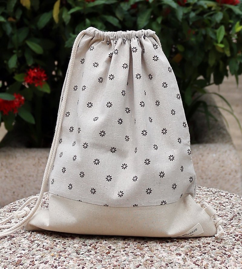 Silverbreeze~ Bundle Back Backpack ~ Brown Flower (B17) - Drawstring Bags - Cotton & Hemp Khaki