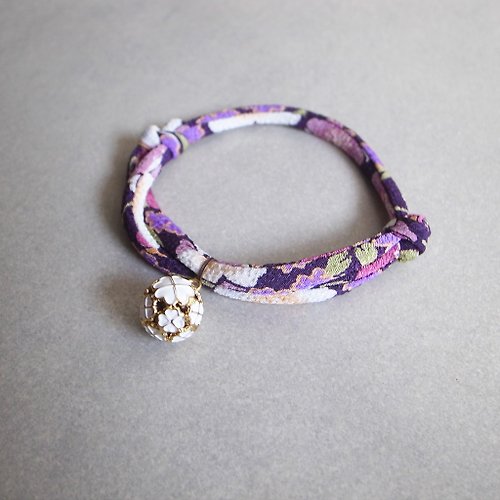 犬猫首輪製作所 日本犬貓和布頸圈 項圈(可調式)--八重紫+白幸運草圓鈴_S號