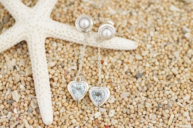 Aqua Marine and freshwater pearl earrings - Earrings & Clip-ons - Gemstone White