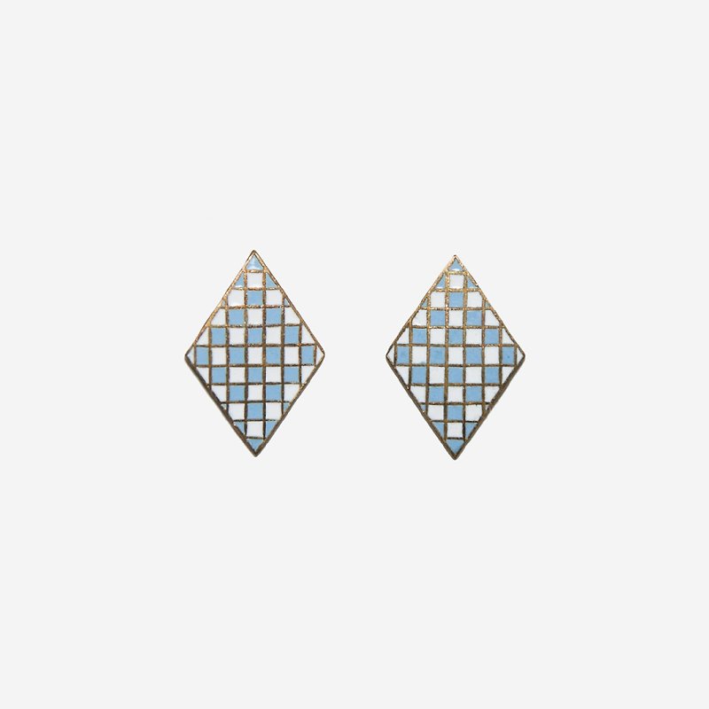 [Indigo] retro earrings lake blue checkered - ต่างหู - โลหะ สีน้ำเงิน