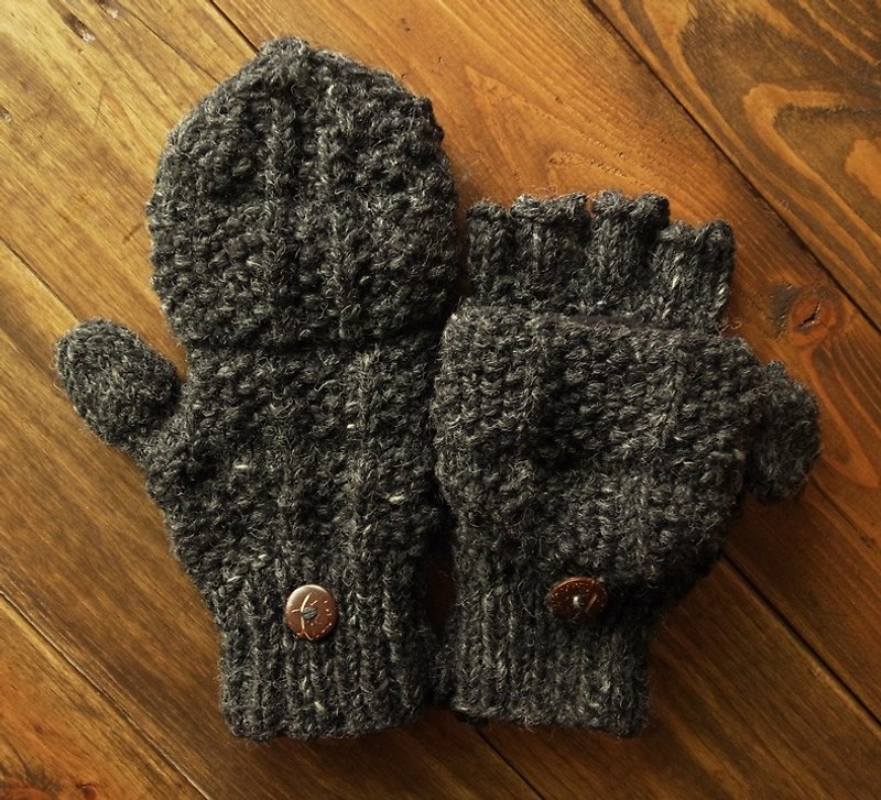 Handmade Wool Mittens, Convertible Mittens, Fingerless Mittens, Wool Gloves - ถุงมือ - ขนแกะ สีเทา