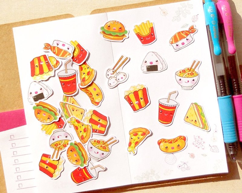 食物貼紙 (30入) - 手帳貼紙系列 - 美食貼紙 - 比薩/漢堡/飯糰/壽司/拉麵 - 貼紙 - 紙 多色