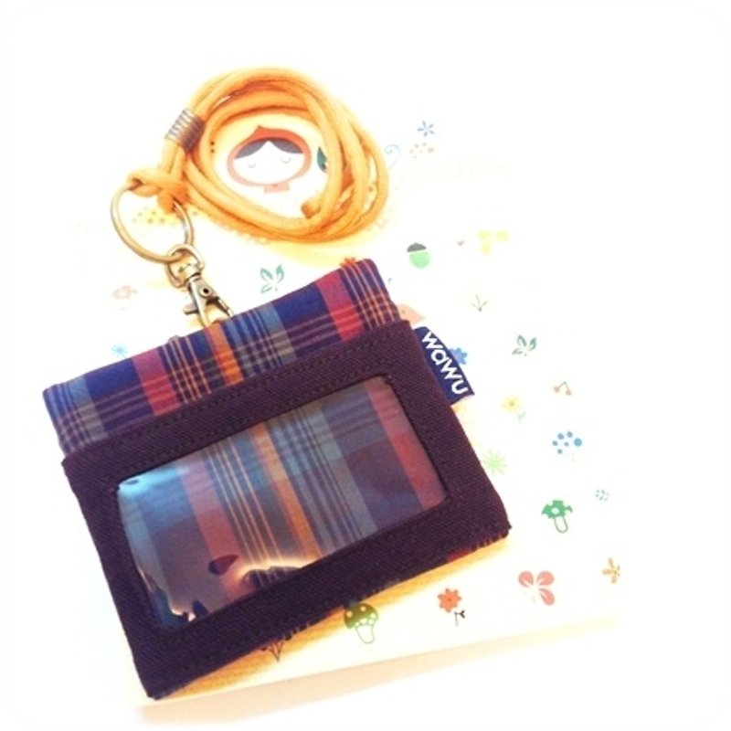 ID Holder Keychain Wallet (check fabric)/ Gold Wallet / Mini Wallet / Zipper Coin Pouch / ID Holder / Badge Pocket / Business Card Holder - ที่ใส่บัตรคล้องคอ - ผ้าฝ้าย/ผ้าลินิน สีม่วง