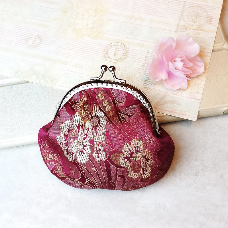 褐紫紅色菊花絲錦緞口金包 零錢包(CS-002) - 零錢包/小錢包 - 絲．絹 紅色