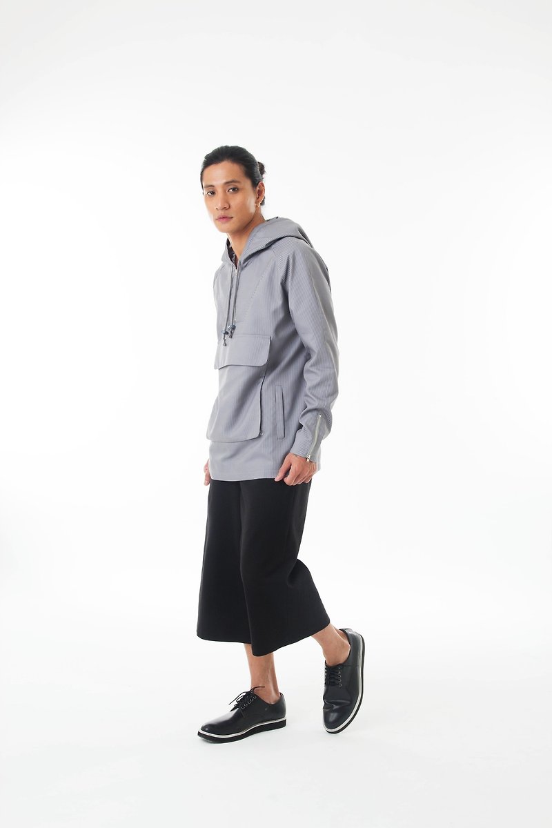 Sevenfold - Waterproof striped hooded large pockets top 防水條紋連帽大口袋上衣 (灰) - 帽T/大學T - 防水材質 灰色