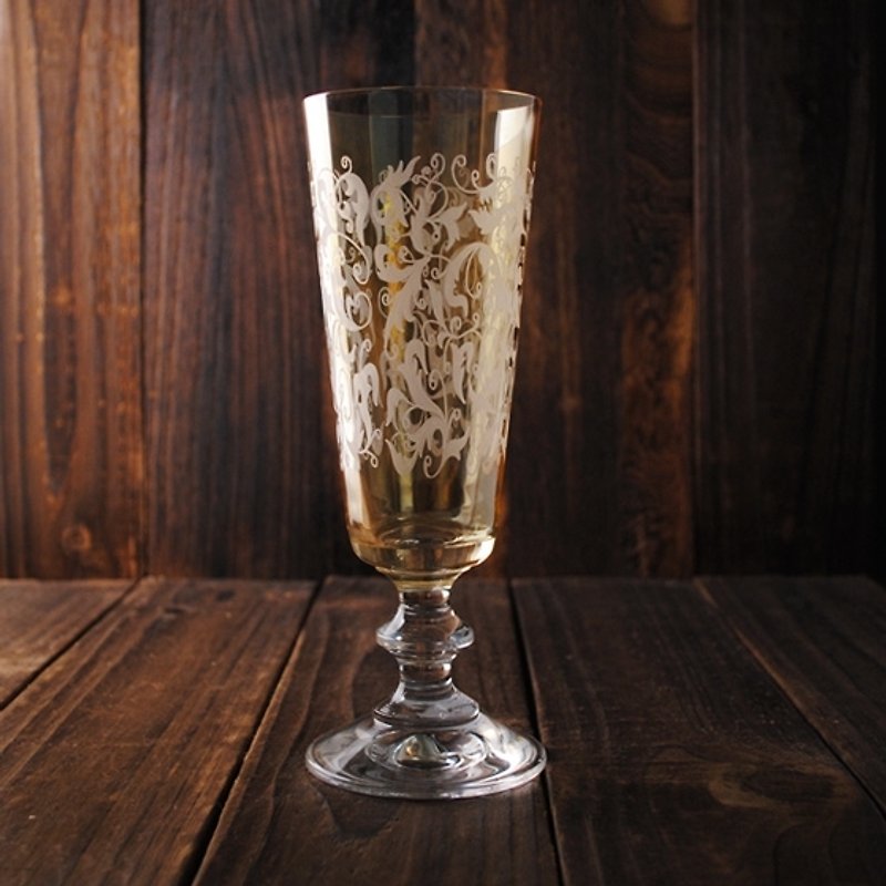 180cc【MSA GLASS ENGRAVING】德國Eisch 琥珀雕花無鉛水晶杯Toulouse 氣泡香檳杯 - 酒杯/酒器 - 玻璃 金色