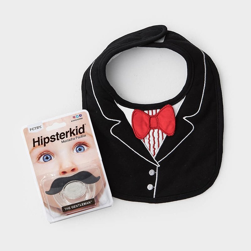 美國FMC X Hipsterkid 男嬰禮盒-紳士寶寶2件組 紅領結圍兜+奶嘴 - 滿月禮物 - 棉．麻 多色