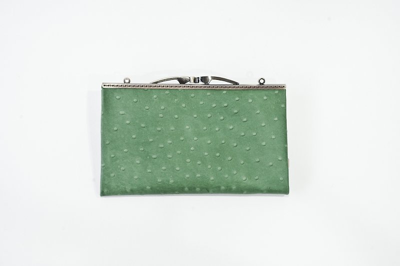 Leather Kisslock Clutch, Phone Wallet, Frame Purse, Smartphone wallet, Long Wallet/Green imitation ostrich pattern - Other - Genuine Leather Green