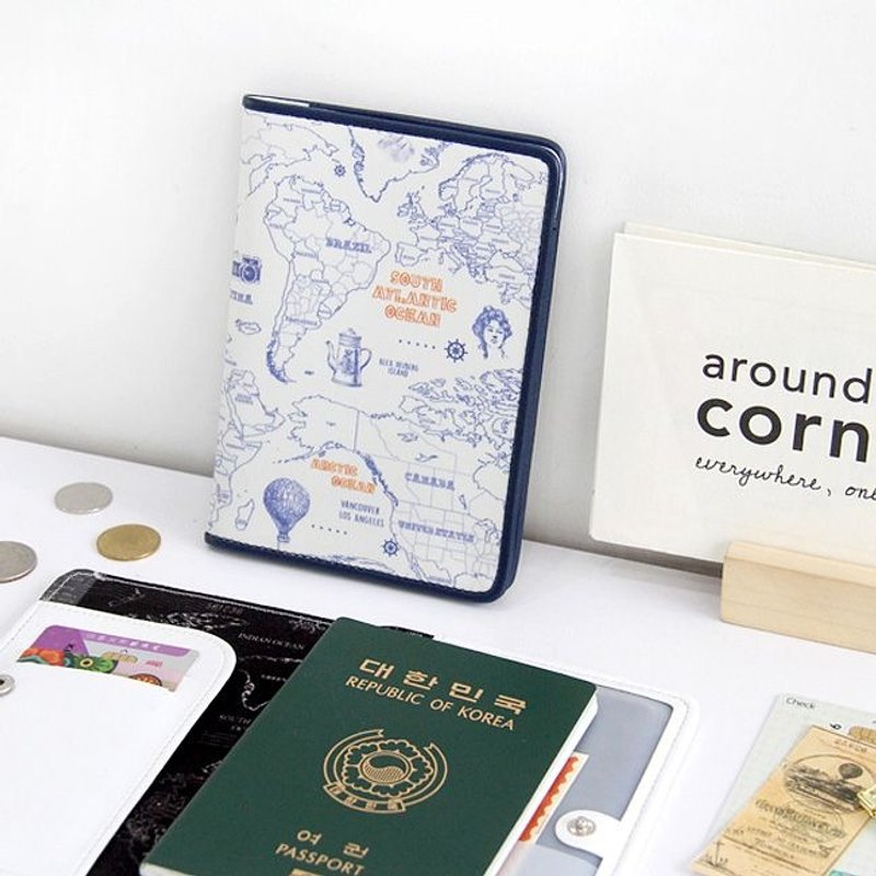 Dessin x Indigo-indimap World Map Leather Passport Cover - Adventure blue, IDG06570 - ที่เก็บพาสปอร์ต - หนังแท้ สีน้ำเงิน