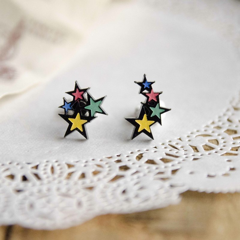 Starry Missing/Colored Stars/Asymmetrical Style/Anti-allergic Steel Needle/Clip Type Available - ต่างหู - อะคริลิค หลากหลายสี