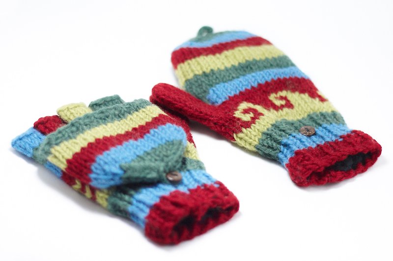 Valentine's Day Limited One Knitted Pure Wool Warm Gloves/ 2ways Gloves/ Open Toe Gloves/ Inner Brush Gloves/ Knitted Gloves-Forest Sky Ethnic Pattern - Gloves & Mittens - Other Materials Multicolor