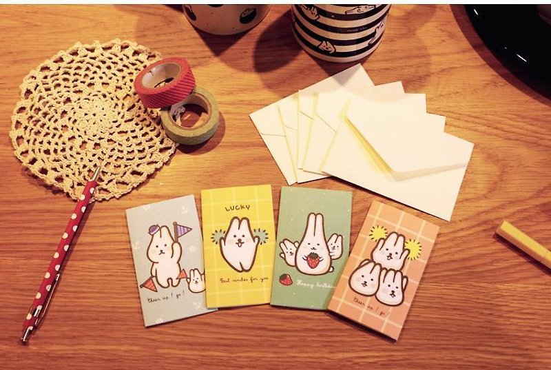 Mori Shu mochi rabbit cheer up universal card (a set of four) - การ์ด/โปสการ์ด - กระดาษ หลากหลายสี