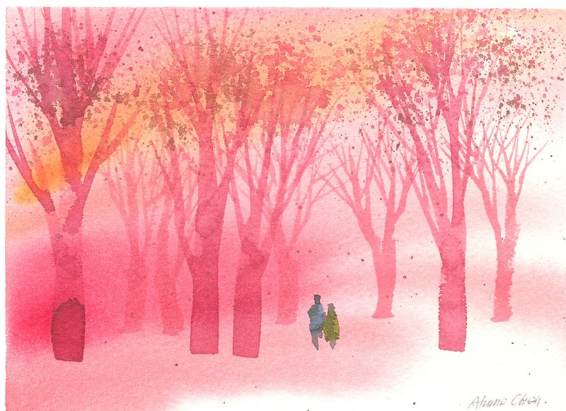 新年賀卡「療癒系樹林系列1-123」水彩手繪限量版明信片/賀卡 - การ์ด/โปสการ์ด - กระดาษ สีแดง
