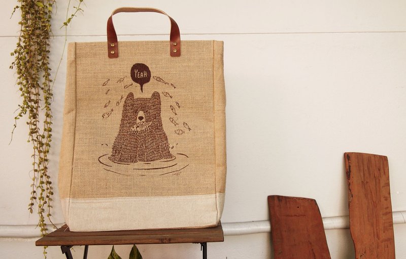 ORGANIC HEMP BAG Hand print with Bear eat fish - Handbags & Totes - Cotton & Hemp Brown