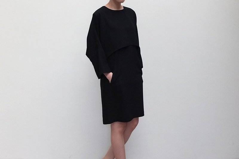 Black space double-level decorative buttoned kimono sleeve dress - One Piece Dresses - Other Materials 