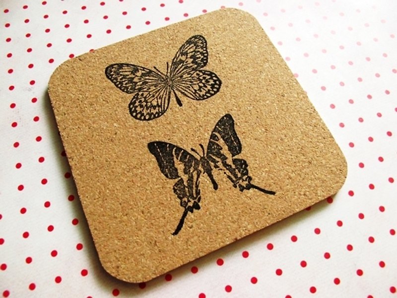 Apu handmade chapter stamping illustration wind butterfly square cork coaster / insulation pad B - ที่รองแก้ว - ไม้ก๊อก 