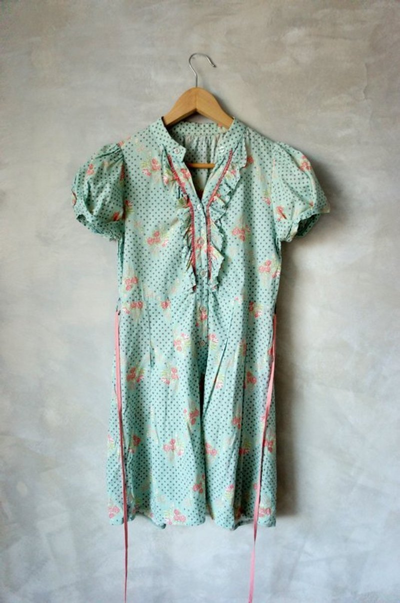 薄棉質淡綠色短洋裝  Bea:Mon 古著 - One Piece Dresses - Cotton & Hemp Green