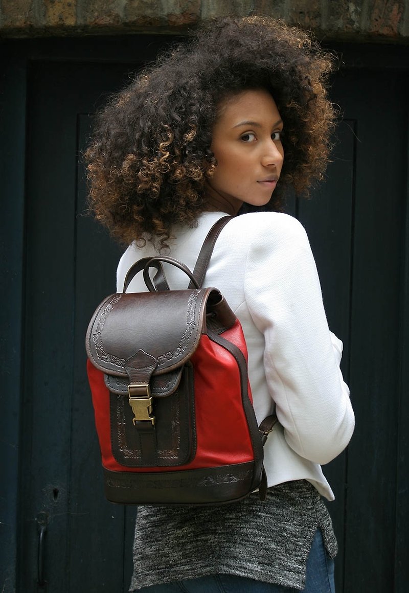 Rear Mya red embossed leather backpack - กระเป๋าเป้สะพายหลัง - หนังแท้ สีแดง
