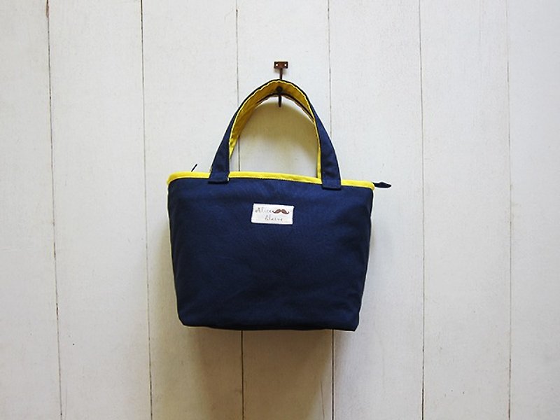 Dachshund Color Zipper Open Tote Bag - Small (Navy + Bright Yellow) - กระเป๋าถือ - วัสดุอื่นๆ หลากหลายสี
