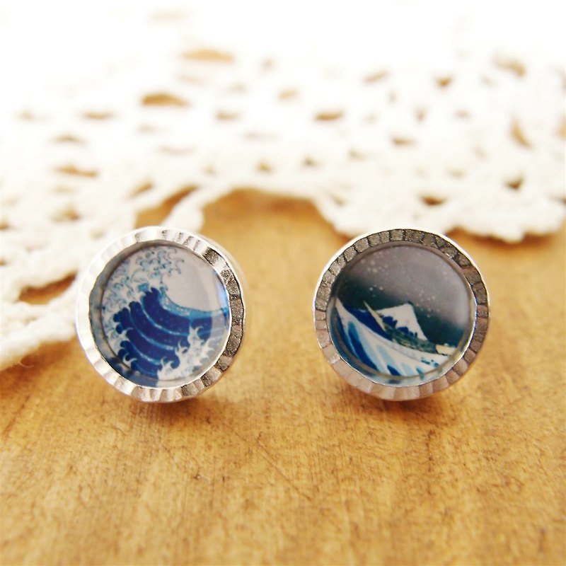 富士山圓型純銀耳環 - 耳環/耳夾 - 其他金屬 藍色