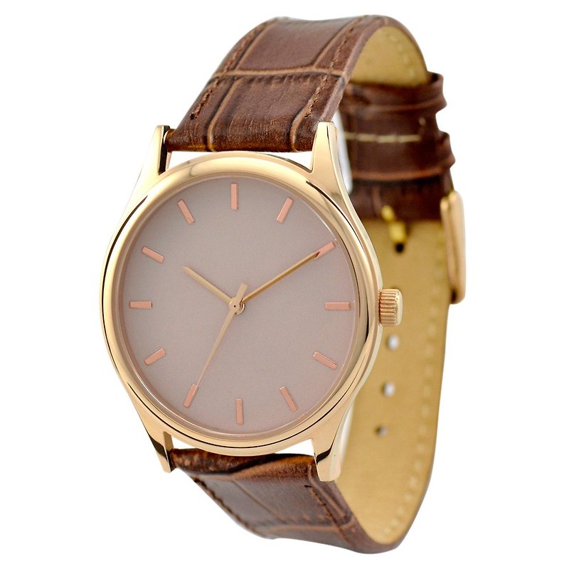 Rose gold watch (beige surface with rose gold nails) brown belt - นาฬิกาผู้หญิง - โลหะ สีนำ้ตาล