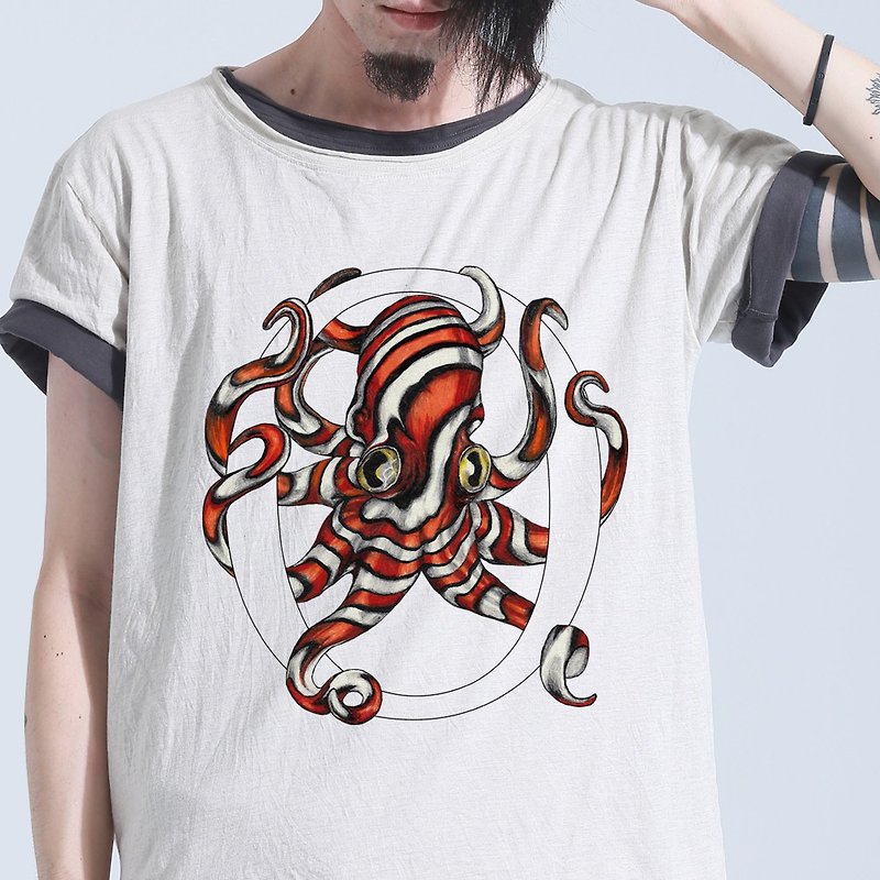 Octopus 章魚 手繪字母T - 男 T 恤 - 棉．麻 
