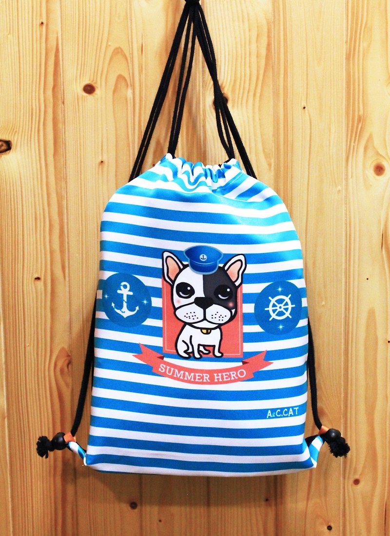 [Cute cat x city cat] back bunched bag frog sea sailor blue - กระเป๋าหูรูด - วัสดุอื่นๆ สีน้ำเงิน