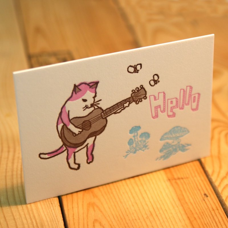 ギターを弾く猫 - カード・はがき - 紙 ピンク