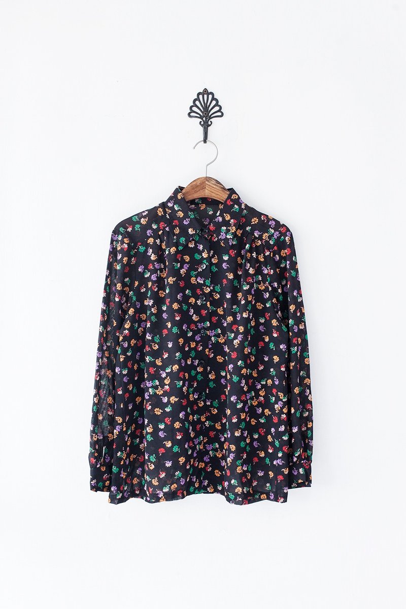 Banana Flyin '| Vintage | Japanese floral retro black long-sleeved shirt - เสื้อเชิ้ตผู้หญิง - วัสดุอื่นๆ 