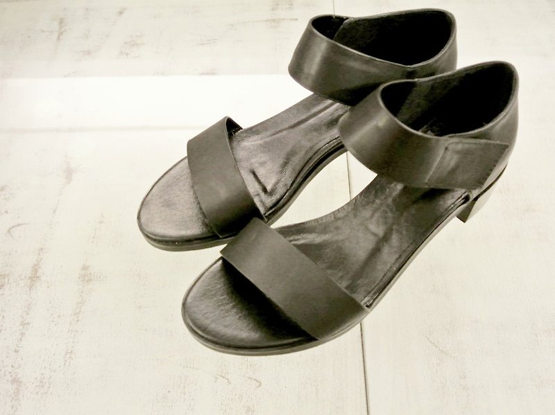 Drawings # 936 # minimalist double with low heel sandals / black wax cattle - รองเท้ารัดส้น - หนังแท้ สีดำ