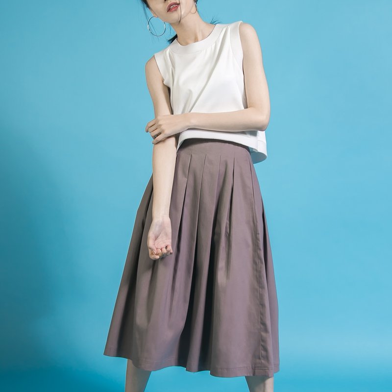 SU: MI said Overlapped classic pleated dress _6SF201_ 藕 紫 - กระโปรง - ผ้าฝ้าย/ผ้าลินิน สีม่วง