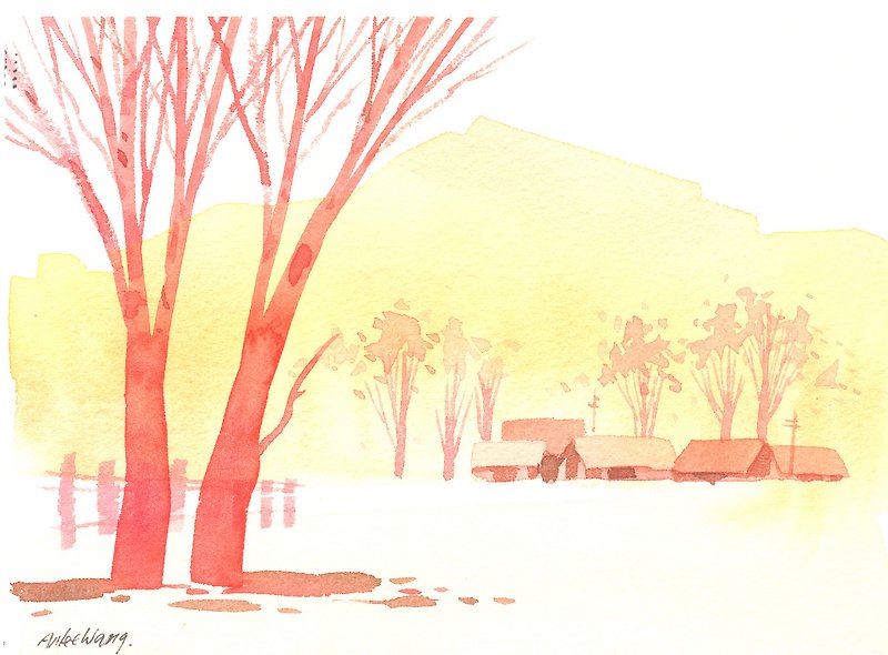 「療癒系樹林系列1-52」水彩手繪限量版明信片/賀卡 - 心意卡/卡片 - 紙 紅色