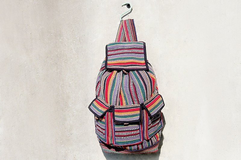 Mexican style shoulder bag boho canvas bag bohemian woven feel after travel backpack-magic line - กระเป๋าเป้สะพายหลัง - ผ้าฝ้าย/ผ้าลินิน หลากหลายสี