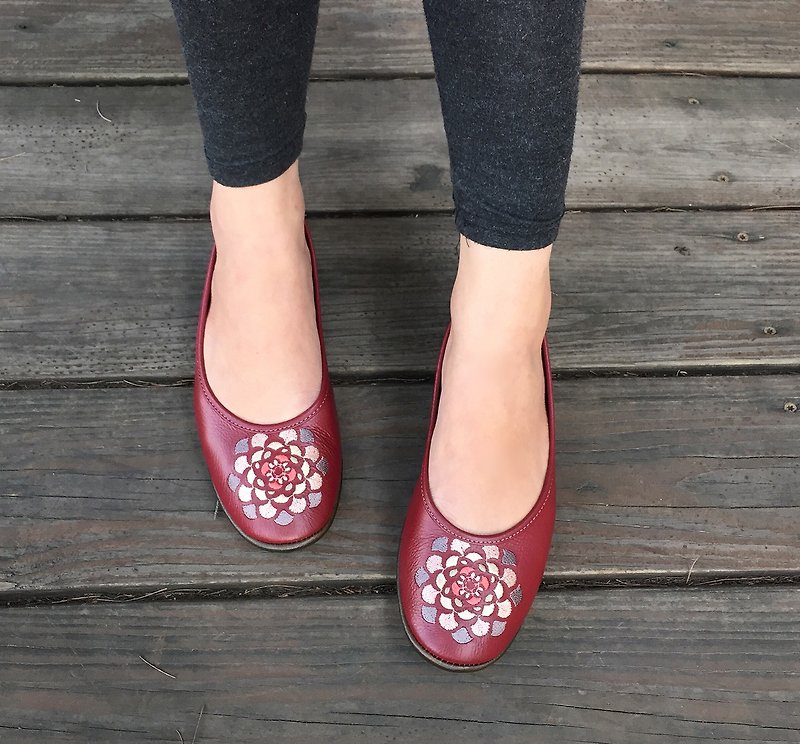 Midsummer Flowers- dark red - Mary Jane Shoes & Ballet Shoes - Genuine Leather Red