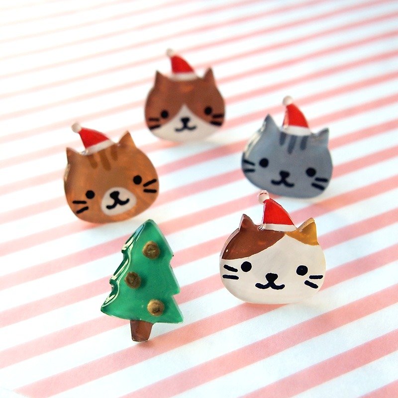 塑膠 耳環/耳夾 咖啡色 - Meow原創手作Xmas聖誕限定版聖誕貓貓和聖誕樹耳環(聖誕貓貓和聖誕樹為一對) - 期間限定