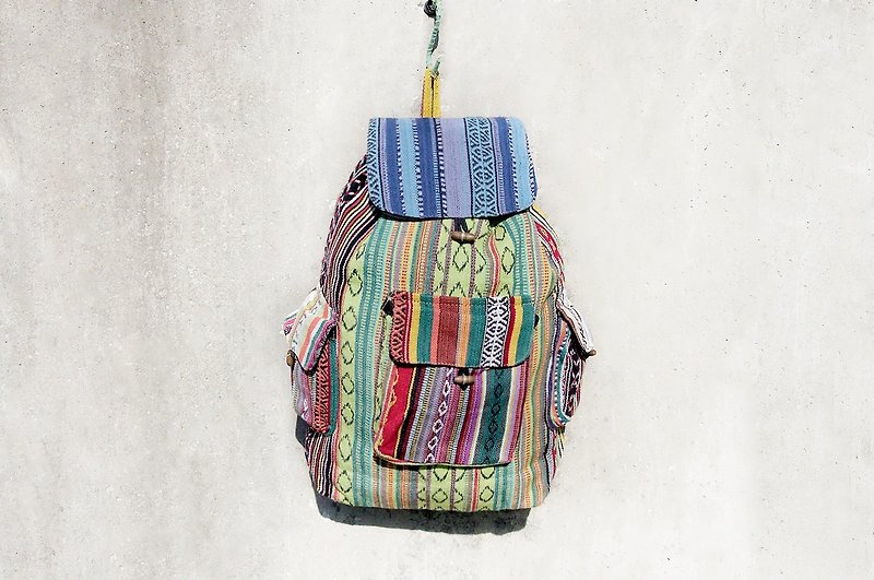 Ethnic hand-woven stitching backpacks - contrasting colors (one only) - กระเป๋าเป้สะพายหลัง - ผ้าฝ้าย/ผ้าลินิน หลากหลายสี