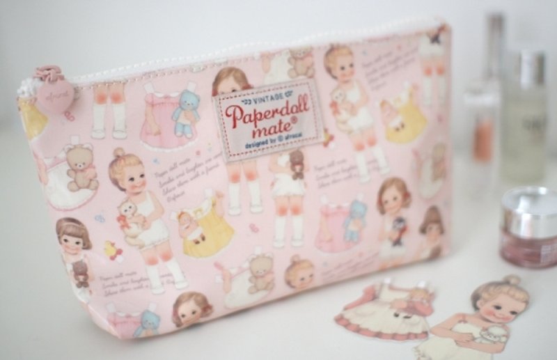 Korea [Afrocat] Oilcloth pouch_M <Pink Pattern> Vintage paper dolls purse Cosmetic pencil box stationery Storage - ดินสอ - หนังแท้ สึชมพู