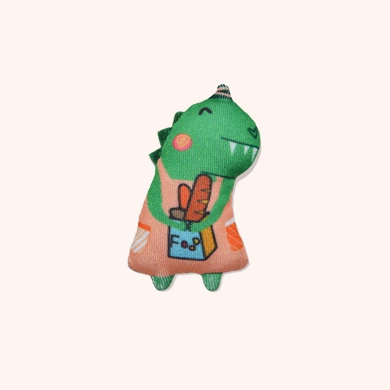 Stay cute dinosaur handmade pin illustration printing and dyeing fabric brooch gift exquisite iron box - Brooches - Other Materials Green