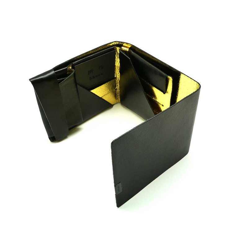 Japanese handmade-made Shosa vegetable tanned cowhide short clip 2.0-low-key luxury / black gold - Wallets - Genuine Leather 
